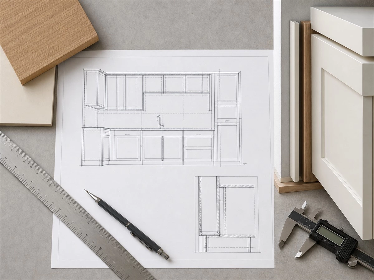Kitchen cabinet shop drawing showing filler strip dimensions and door clearance