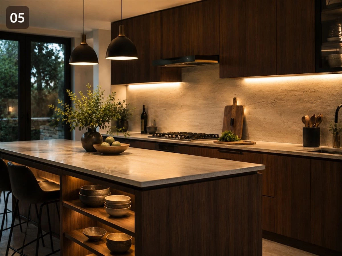 Layered kitchen cabinet lighting with island, toe-kick, and display lights