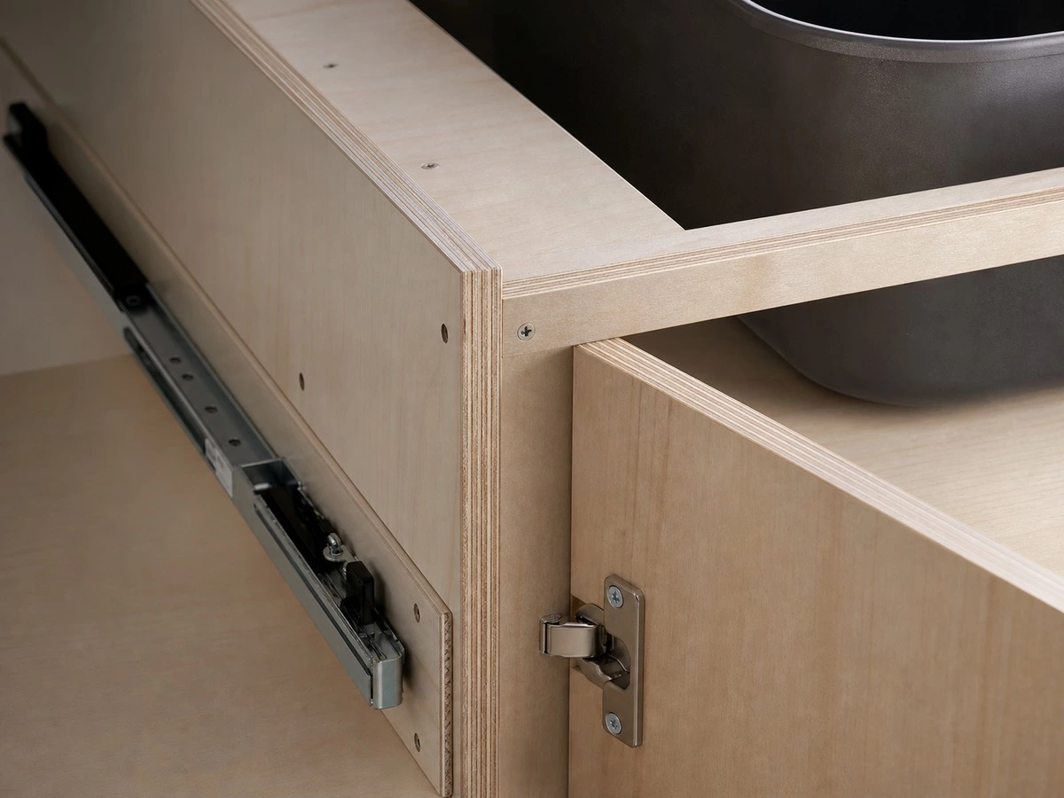 Moisture resistant plywood kitchen cabinet carcass with sealed edges and hardware