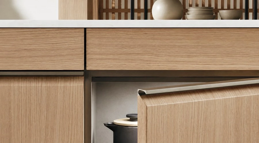 Wood Lattice Kitchen Cabinets for a Streamlined Galley Layout