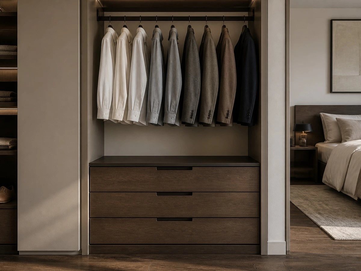 Short hang wardrobe with drawers and clear garment clearance