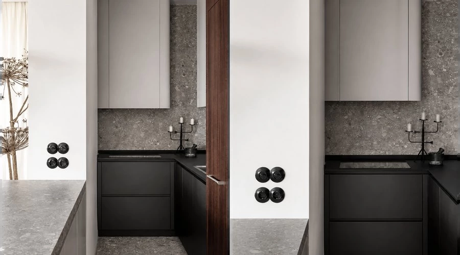 Compact wood and stone kitchen with eat-in peninsula