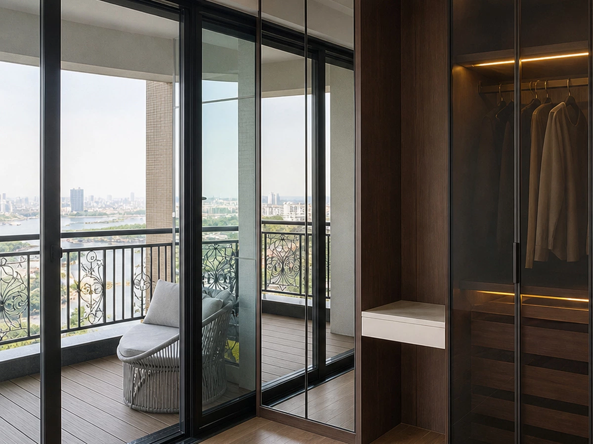 Mirrored built-in balcony cabinet that expands the visual space