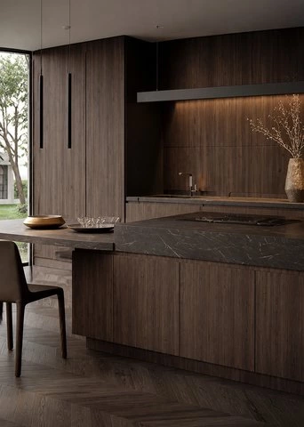 Veneer Handleless Kitchen | Luxury Wood and Stone Design