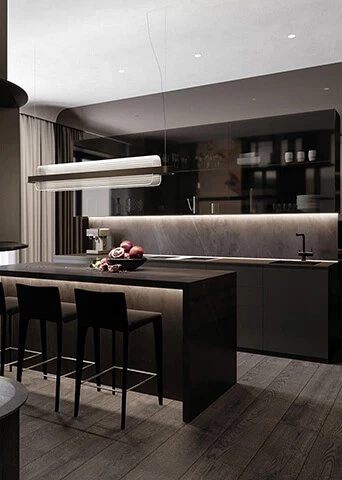 Black Glass Kitchen with Gray Lacquer Cabinets