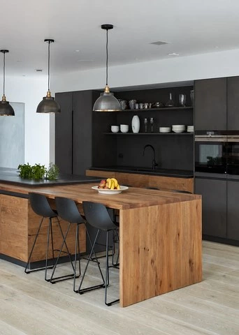 Black Oak Kitchen Cabinets with Open Shelving and an Island