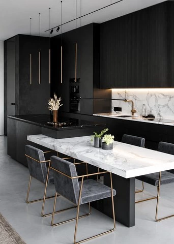 Black Stone Apartment Kitchen with Open Cabinetry