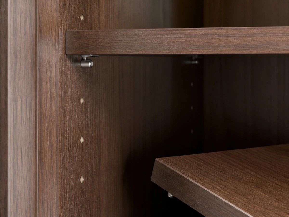 Adjustable shelf system inside a built in bookcase with premium shelf hardware