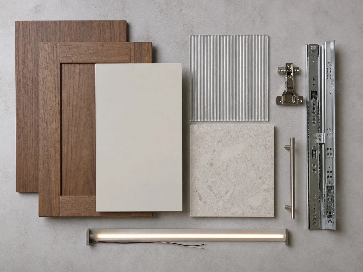 Cabinetry material hardware approval board with door finishes countertop glass hinge drawer slide and LED profile