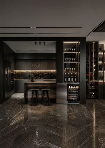Charcoal Grey Kitchen Cabinets with a Wine Cabinet Island