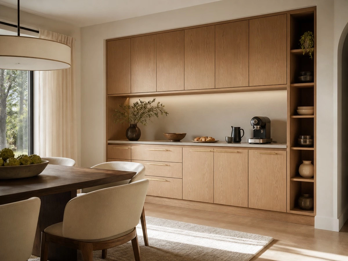 Counter height built in sideboard with wall cabinets and serving niche