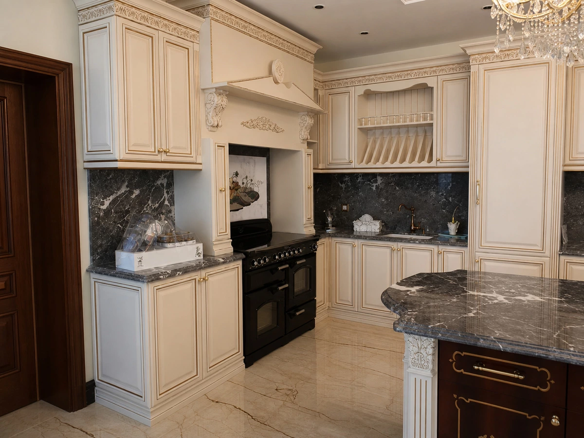 Corner sink and divided cooking workflow in the villa kitchen