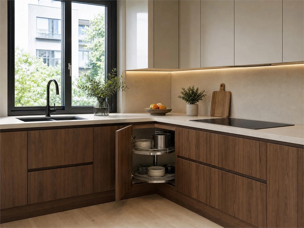 Completed custom kitchen corner cabinet project with accessible storage