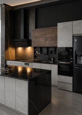 Dark Plywood Kitchen Cabinets with Black Sintered Stone