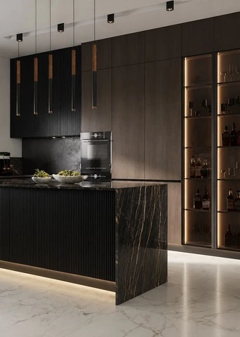 Walnut Waterfall Island Kitchen in Dark Modern Finishes