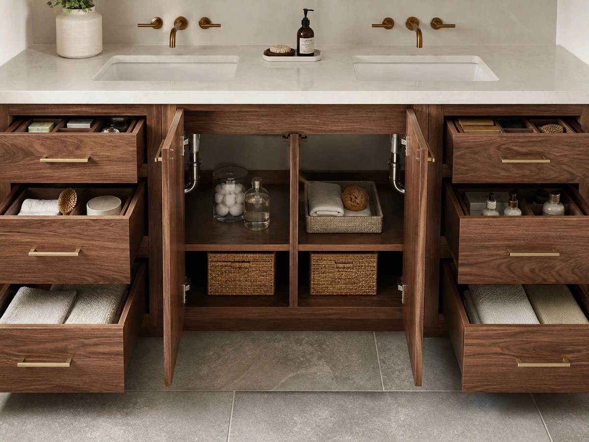 Custom double vanity storage layout with separate drawers and center plumbing zone
