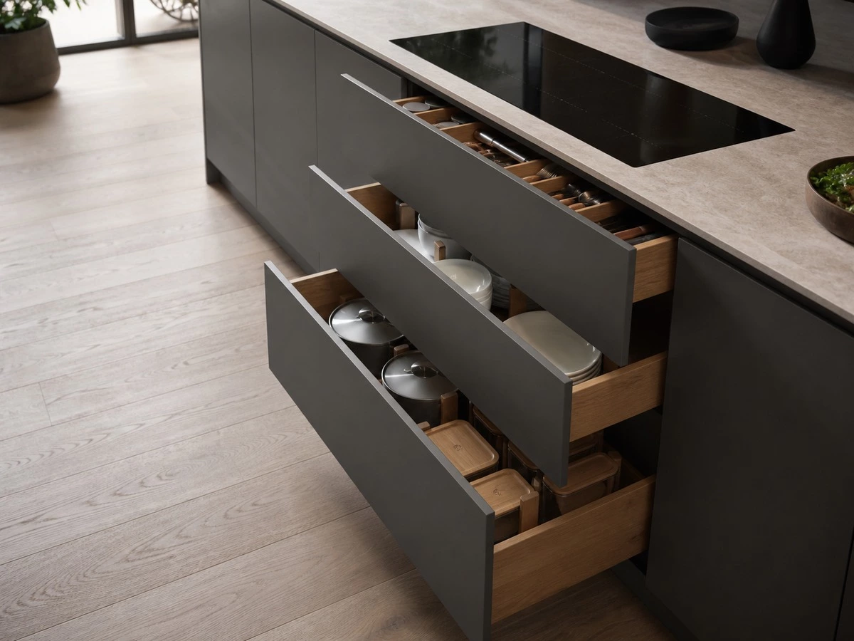 European kitchen cabinet deep drawer storage with cookware and internal organizers