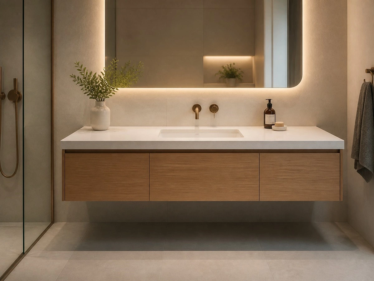 Floating bathroom vanity bottom clearance for cleaning and concealed plumbing