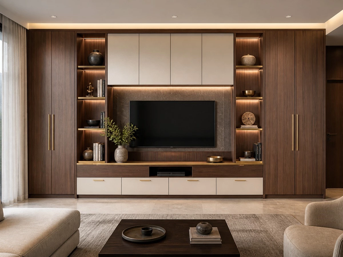 Full height TV wall cabinet with screen zone tall storage and display shelves