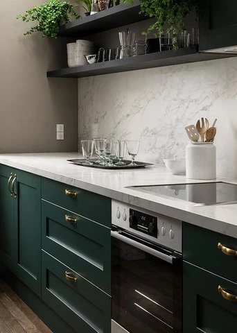Green Shaker Kitchen Cabinet with Open Shelving