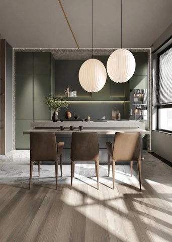 Green Veneer Kitchen Cabinets with a Layered Stone Island