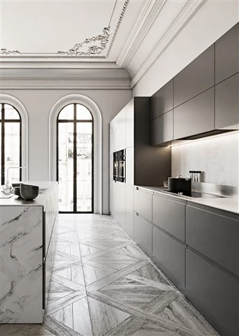 Grey White Handleless Kitchen with Island