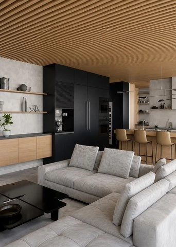 Light Oak Black Cabinets with an Open Island Kitchen