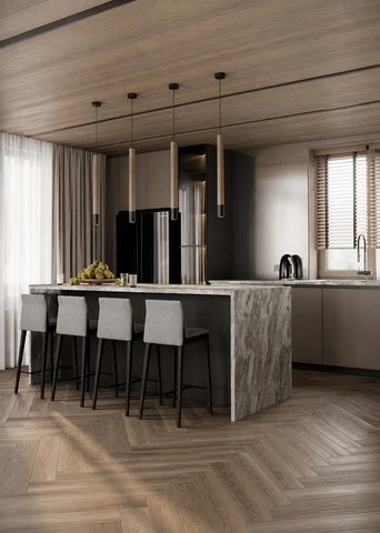 Light Wood Kitchen Cabinets with a Black Stone Island