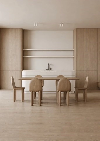 Light Wood Lacquer Cabinets with a Soft White Island