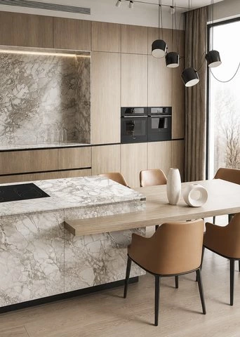 Modern Veneer Kitchen | Marble Island and Warm Wood Design