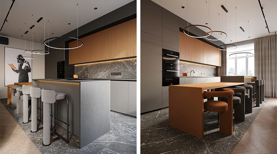 Slatted Wood Kitchen Cabinets with a Multifunctional Island