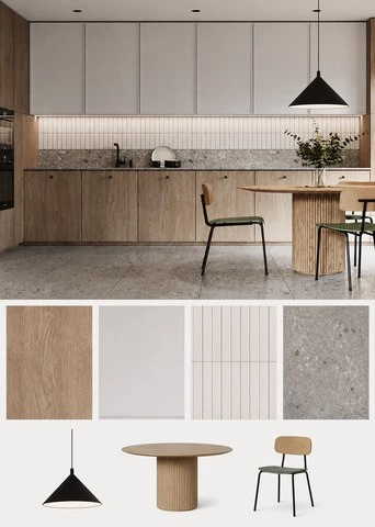 Oak White Kitchen Cabinets for a Warm L-Shaped Layout