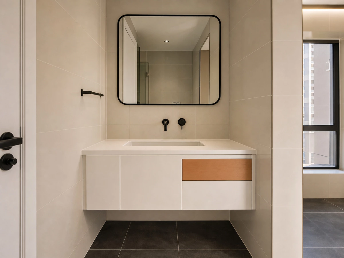 Bathroom vanity coordinated with the warm wood and white apartment cabinetry