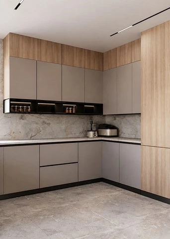 Pink Grey Kitchen Cabinets with a U-Shaped Island