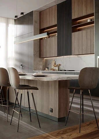 Slate Island Kitchen | Open Villa Design with Wood Grain Cabinets