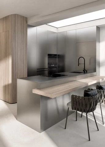 Stainless Steel Wood Cabinets with a Dining Bar Island