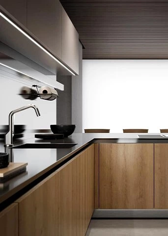 Steel Wood Kitchen with Handle-Free L-Shaped Layout