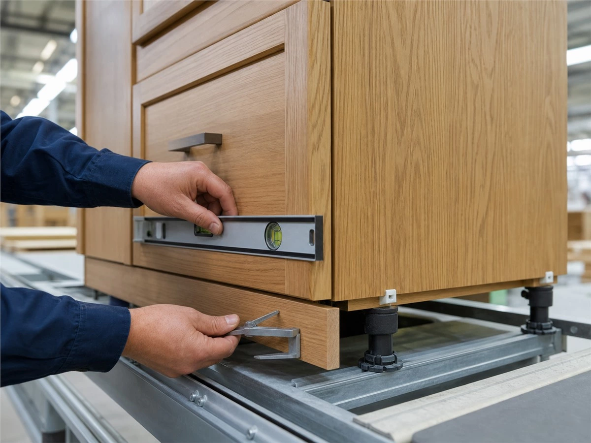 Factory quality control inspection of adjustable kitchen cabinet legs and toe kick alignment