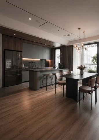 Walnut Grey Kitchen Cabinets with a Two-Tone Island
