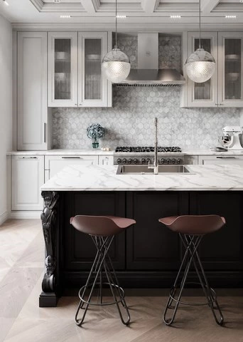 White Pantry Cabinets with Fluted Glass Details