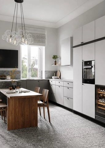 Wood Dining Table Kitchen with Soft White Cabinetry