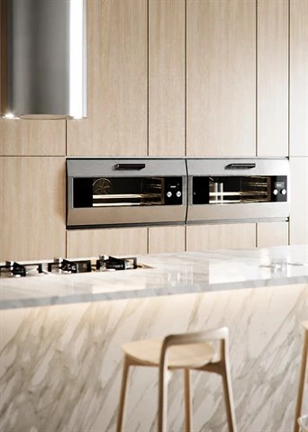 Wood Grain Handleless Kitchen with Marble Island
