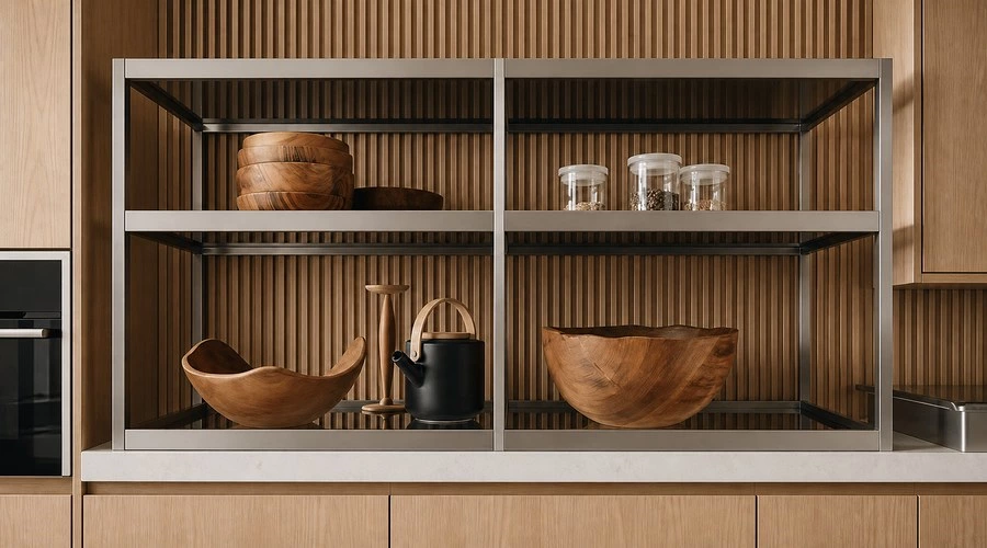 Wood Lattice Kitchen Cabinets for a Streamlined Galley Layout