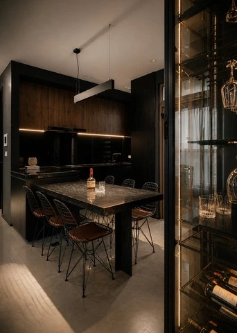Wood Veneer Kitchen Cabinets for an Open Dining Layout