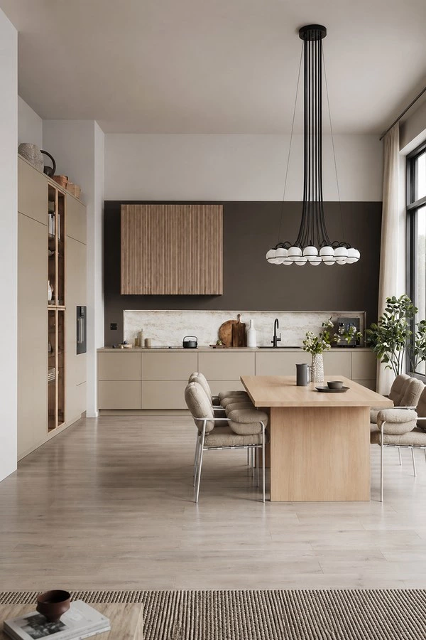 Beige Handleless Kitchen Cabinets for Spacious Apartments
