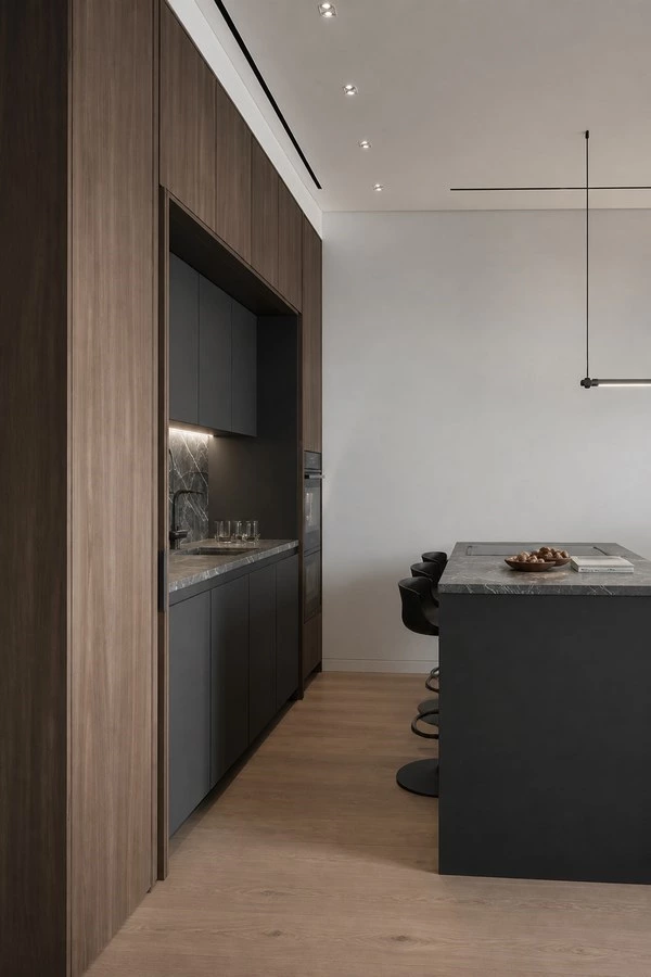 Black and Brown Kitchen Cabinets with Sintered Stone