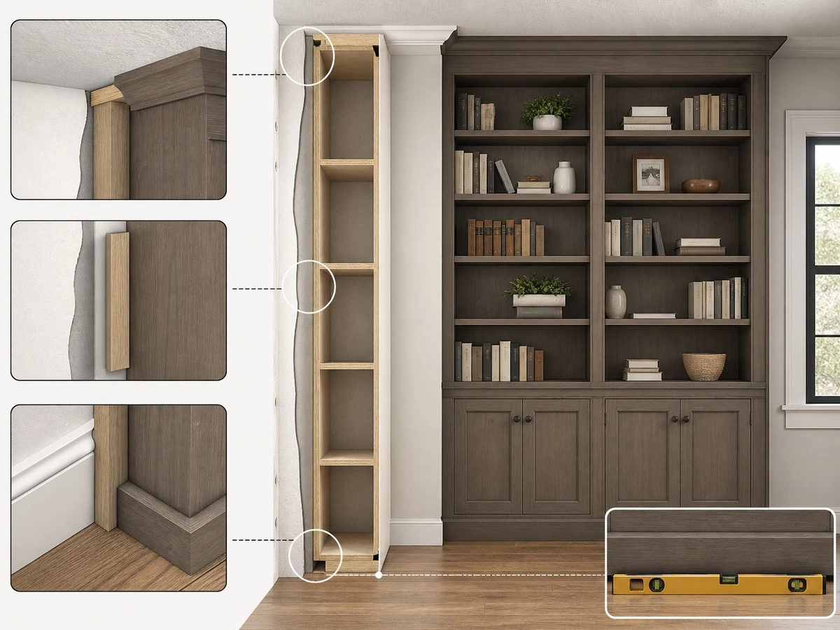 Built in bookcase wall clearance with fillers ceiling scribes and baseboard treatment
