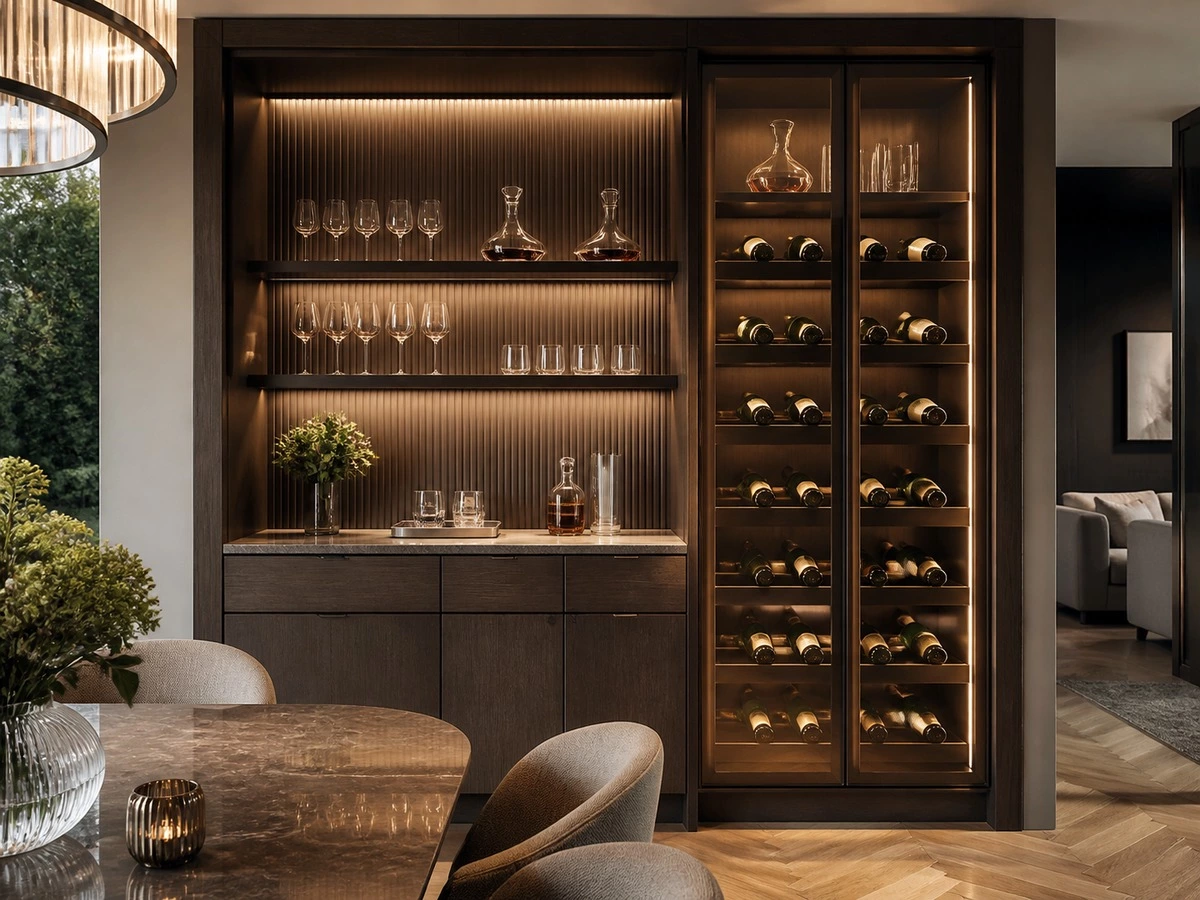 Built in sideboard with wine cabinet glass doors and display lighting