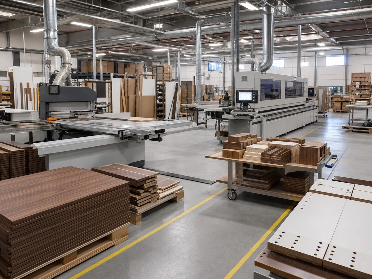Cabinetry factory workflow with panel machining edge banding drilling and organized production components