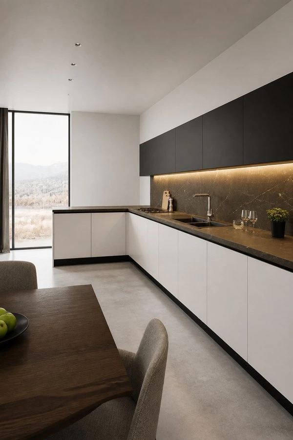 Compact L-Shaped Kitchen Cabinets in Black and White